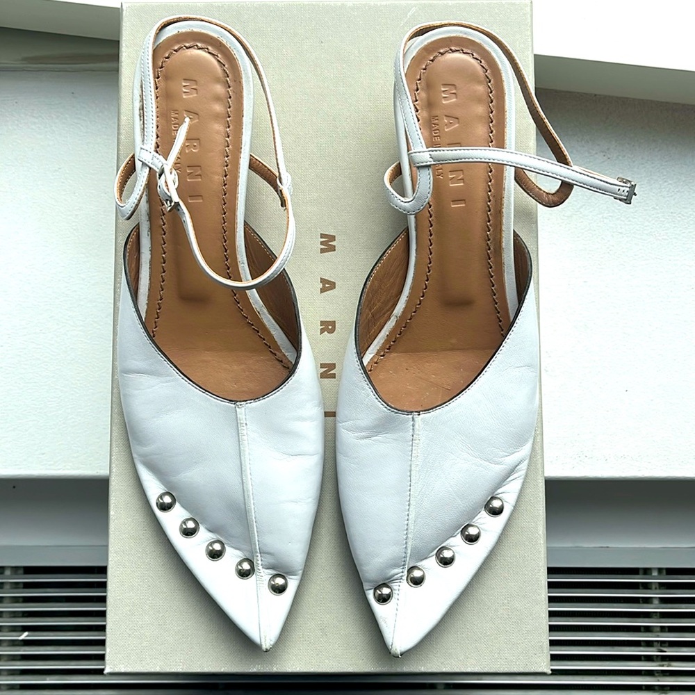 Marni - Sabot Shoe - White with Silver Studs - Kitten Heel